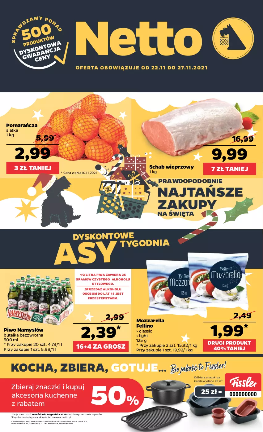 Gazetka promocyjna Netto - Gazetka spożywcza - ważna 22.11 do 27.11.2021 - strona 1 - produkty: Gra, Koc, Mozzarella, Namysłów, Piwa, Piwo, Schab wieprzowy, Siatka