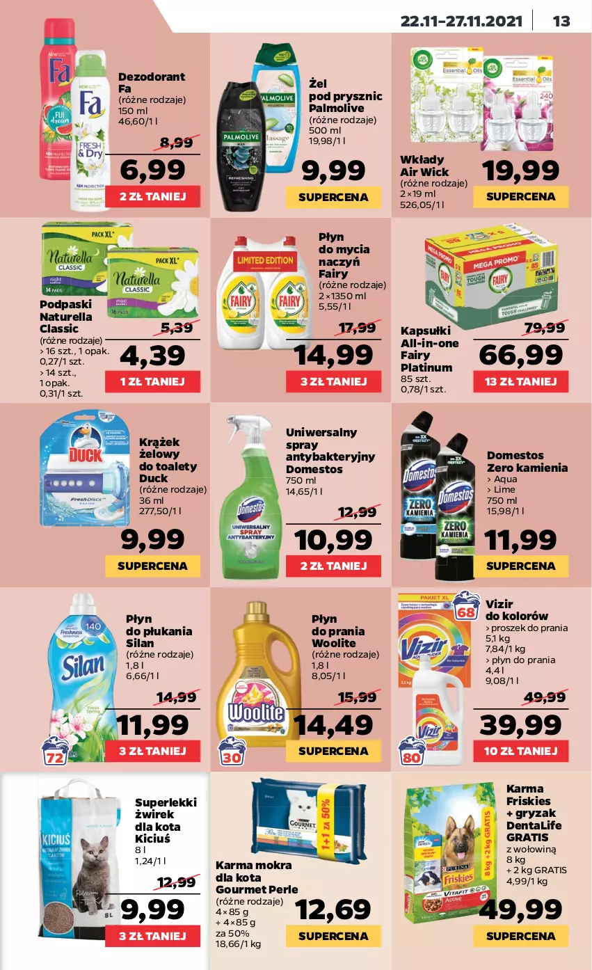 Gazetka promocyjna Netto - Gazetka spożywcza - ważna 22.11 do 27.11.2021 - strona 13 - produkty: Air Wick, Dezodorant, Do mycia naczyń, Domestos, Duck, Fa, Fairy, Friskies, Gra, Gry, Naturell, Naturella, Palmolive, Płyn do mycia, Płyn do mycia naczyń, Płyn do płukania, Płyn do prania, Podpaski, Proszek do prania, Silan, Vizir, Woolite