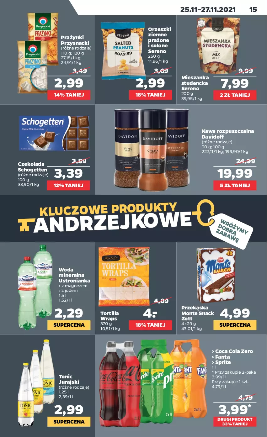 Gazetka promocyjna Netto - Gazetka spożywcza - ważna 22.11 do 27.11.2021 - strona 15 - produkty: Czekolada, Davidoff, Fa, Fanta, Kawa, Kawa rozpuszczalna, Magnez, Mieszanka studencka, Monte, Orzeszki, Orzeszki ziemne, Przysnacki, Schogetten, Ser, Sprite, Tortilla, Woda, Woda mineralna, Zott