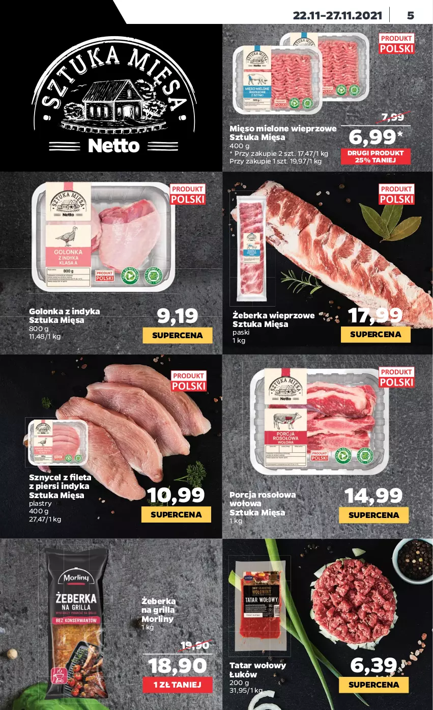 Gazetka promocyjna Netto - Gazetka spożywcza - ważna 22.11 do 27.11.2021 - strona 5 - produkty: Golonka z indyka, Grill, Mięso, Mięso mielone, Morliny, Por, Tatar wołowy