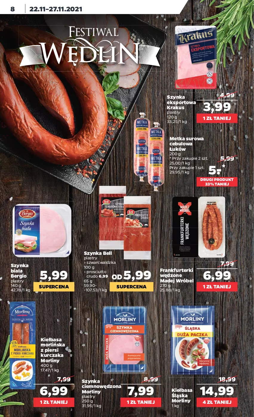 Gazetka promocyjna Netto - Gazetka spożywcza - ważna 22.11 do 27.11.2021 - strona 8 - produkty: Bell, Frankfurterki, Kiełbasa, Kiełbasa śląska, Krakus, Kurczak, Madej Wróbel, Morliny, Por, Prosciutto, Sport, Szynka, Szynka biała