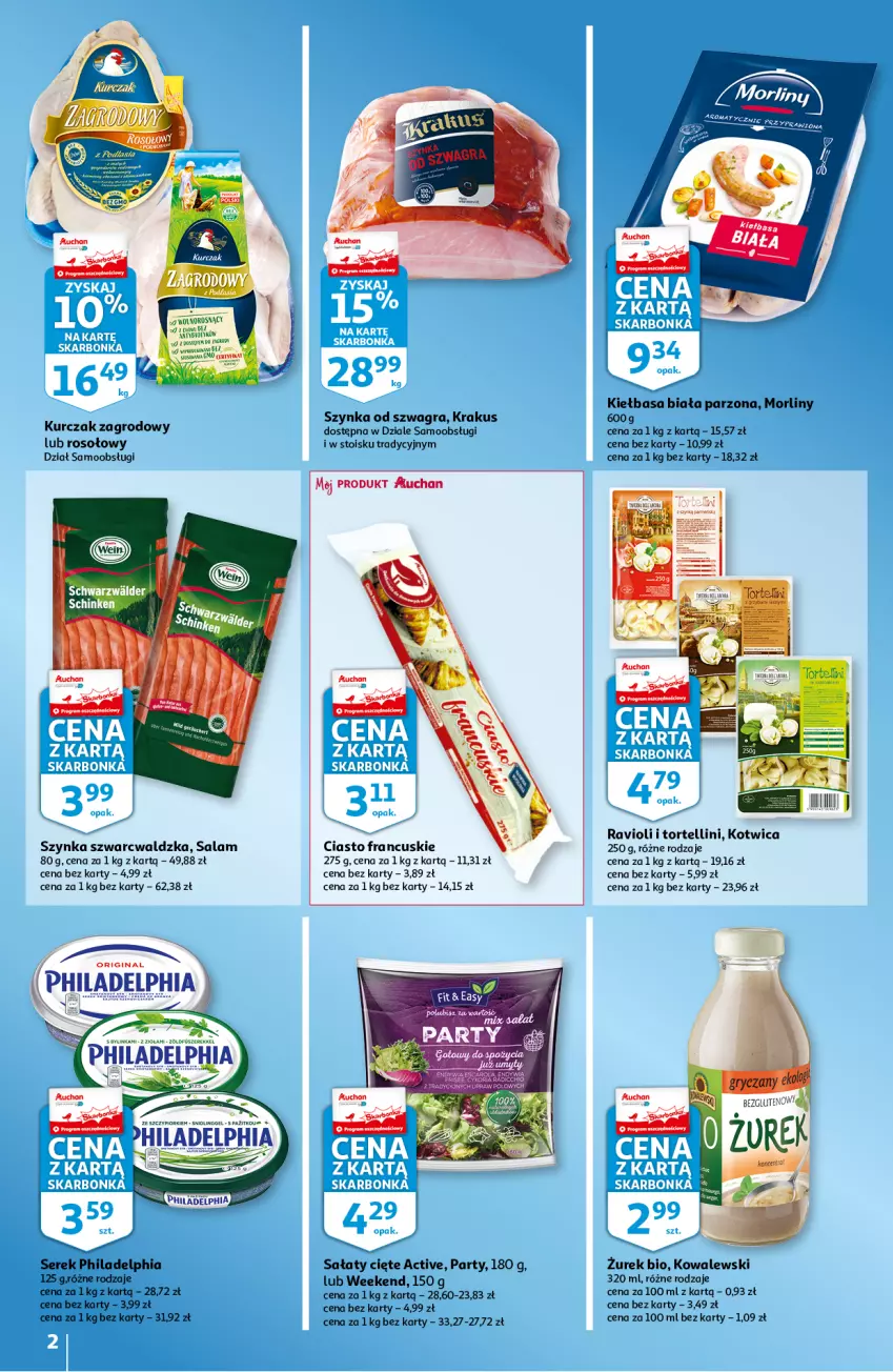 Gazetka promocyjna Auchan - Skarbonka #14 - ważna 07.04 do 16.04.2022 - strona 2 - produkty: Ciasto francuskie, Gin, Gra, Inka, Kiełbasa, Kiełbasa biała, Krakus, Kurczak, Morliny, Philadelphia, Sałat, Ser, Serek, Szynka