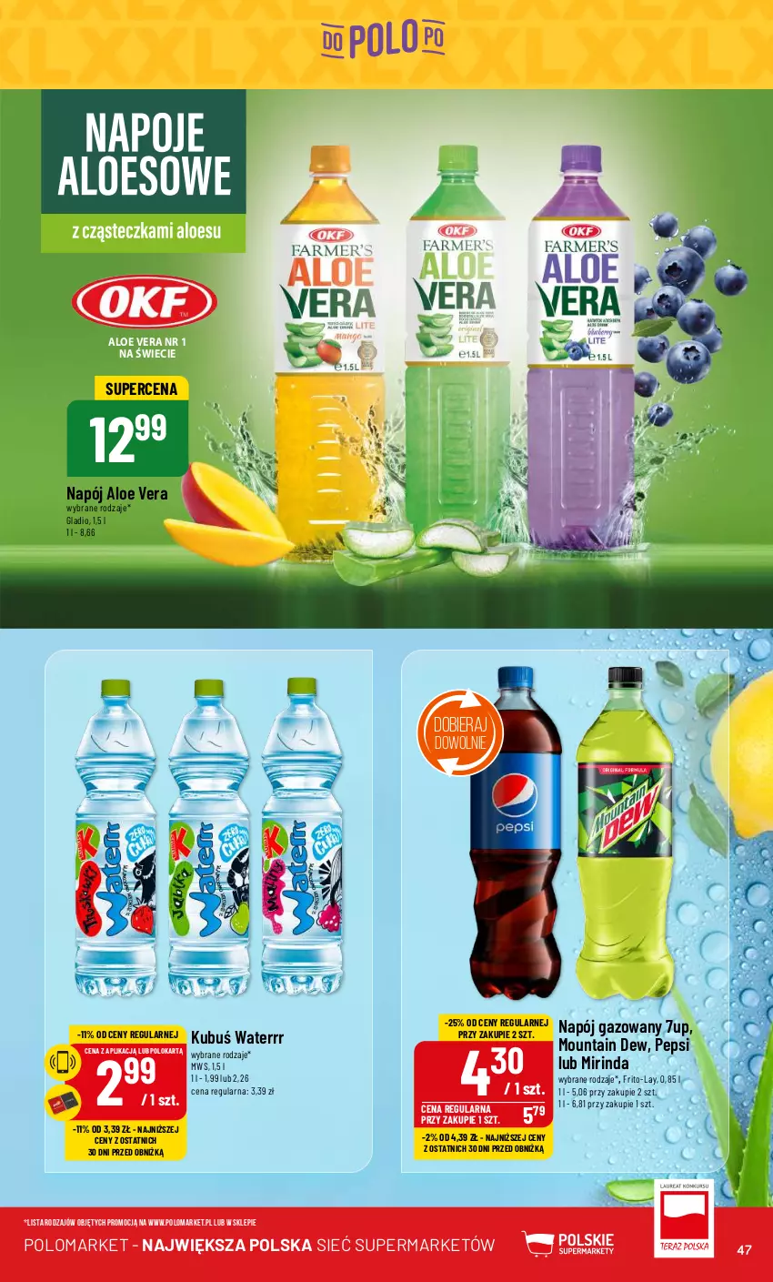 Gazetka promocyjna PoloMarket - Gazetka pomocyjna - ważna 03.07 do 09.07.2024 - strona 47 - produkty: 7up, Aloe vera, Kubuś, Kubuś Waterrr, Mirinda, Napój, Napój gazowany, Pepsi