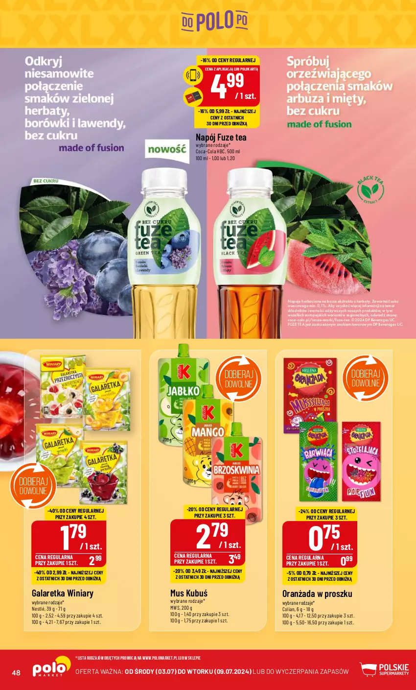 Gazetka promocyjna PoloMarket - Gazetka pomocyjna - ważna 03.07 do 09.07.2024 - strona 48 - produkty: Coca-Cola, Gala, Galaretka, Kubuś, Mus, Napój, Napoje, Nestlé, Oranżada, Sok, Winiary