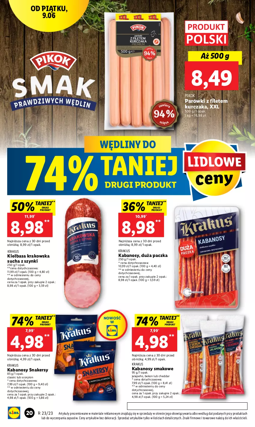 Gazetka promocyjna Lidl - GAZETKA - ważna 09.06 do 10.06.2023 - strona 28 - produkty: Beko, Cheddar, Kabanos, Kiełbasa, Kiełbasa krakowska, Krakus, Kurczak, Parówki, PIKOK