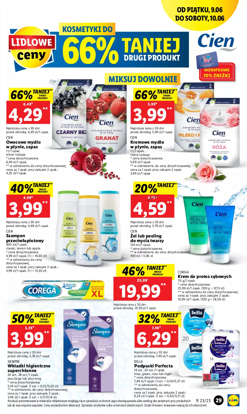 Gazetka promocyjna Lidl - GAZETKA - ważna 09.06 do 10.06.2023 - strona 39 - produkty: Bell, Bella, Corega, Mydło, Mydło w płynie, Peeling, Perfecta, Podpaski, Szampon, Wkładki