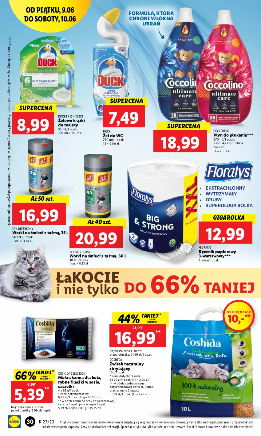 Gazetka promocyjna Lidl - GAZETKA - ważna 09.06 do 10.06.2023 - strona 40 - produkty: Coccolino, Duck, Flora, Jan Niezbędny, Koc, Mokra karma, Papier, Płyn do płukania, Ręcznik, Sos, Worki na śmiec, Worki na śmieci