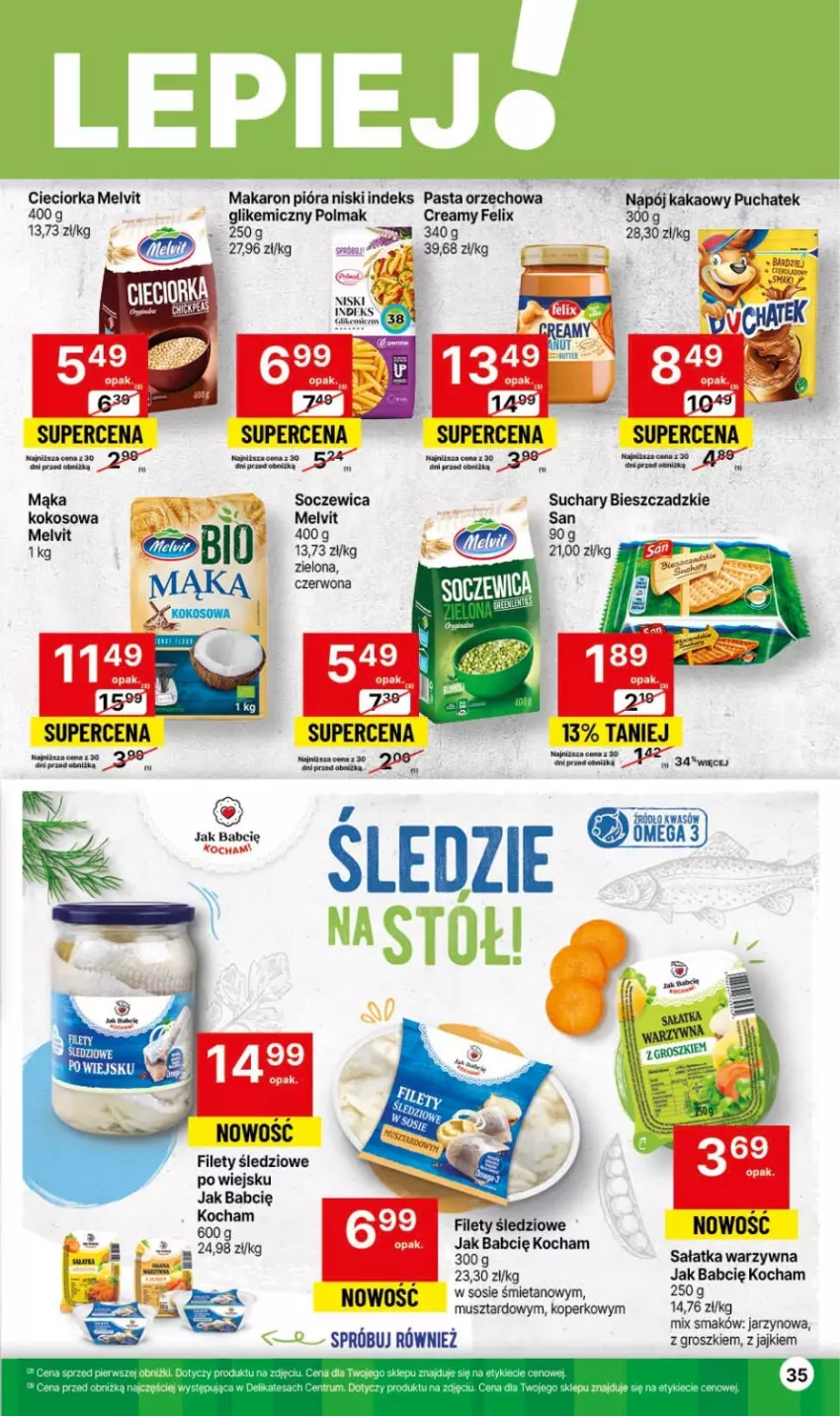 Gazetka promocyjna Delikatesy Centrum - Gazetka DC44 czw-sr - ważna 09.11 do 15.11.2023 - strona 35 - produkty: Cieciorka, Felix, Kakao, Koc, Kokos, Mąka, Makaron, Melvit, Mus, Napój, Olma, Orka, Sałat, Sałatka, Sałatka warzywna, Sos