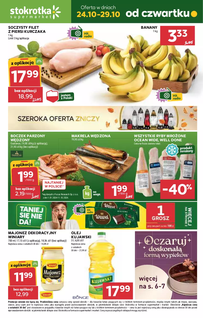 Gazetka promocyjna Stokrotka - Supermarket Opole/Radom - ważna 24.10 do 29.10.2024 - strona 1 - produkty: Banany, Boczek, Filet z piersi kurczaka, Kujawski, Kurczak, Majonez, Mięso, Olej, Owoce, Warzywa, Winiary