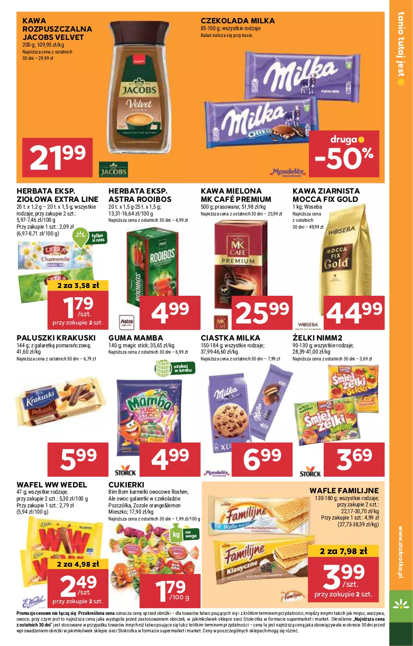 Gazetka promocyjna Stokrotka - Supermarket Opole/Radom - ważna 24.10 do 29.10.2024 - strona 17 - produkty: Ciastka, Cukier, Cukierki, Czekolada, Fa, Gala, Galaretki, Herbata, Jacobs, Jacobs Velvet, Kawa, Kawa mielona, Kawa rozpuszczalna, Kawa ziarnista, Kosz, Krakus, Krakuski, Mamba, Mięso, Milka, Mocca Fix Gold, Nimm2, Owoce, Velvet, Wafle, Warzywa, Woseba