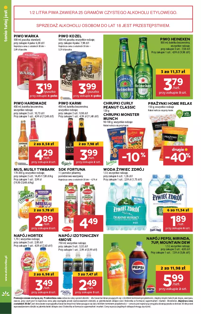 Gazetka promocyjna Stokrotka - Supermarket Opole/Radom - ważna 24.10 do 29.10.2024 - strona 24 - produkty: 7up, Chrupki, Fortuna, Gra, Heineken, Hortex, Karmi, Kozel, Mięso, Mirinda, Monster Munch, Mus, Napój, Napój izotoniczny, Owoce, Pepsi, Piwa, Piwo, Sok, Tymbark, Warka, Warzywa, Woda