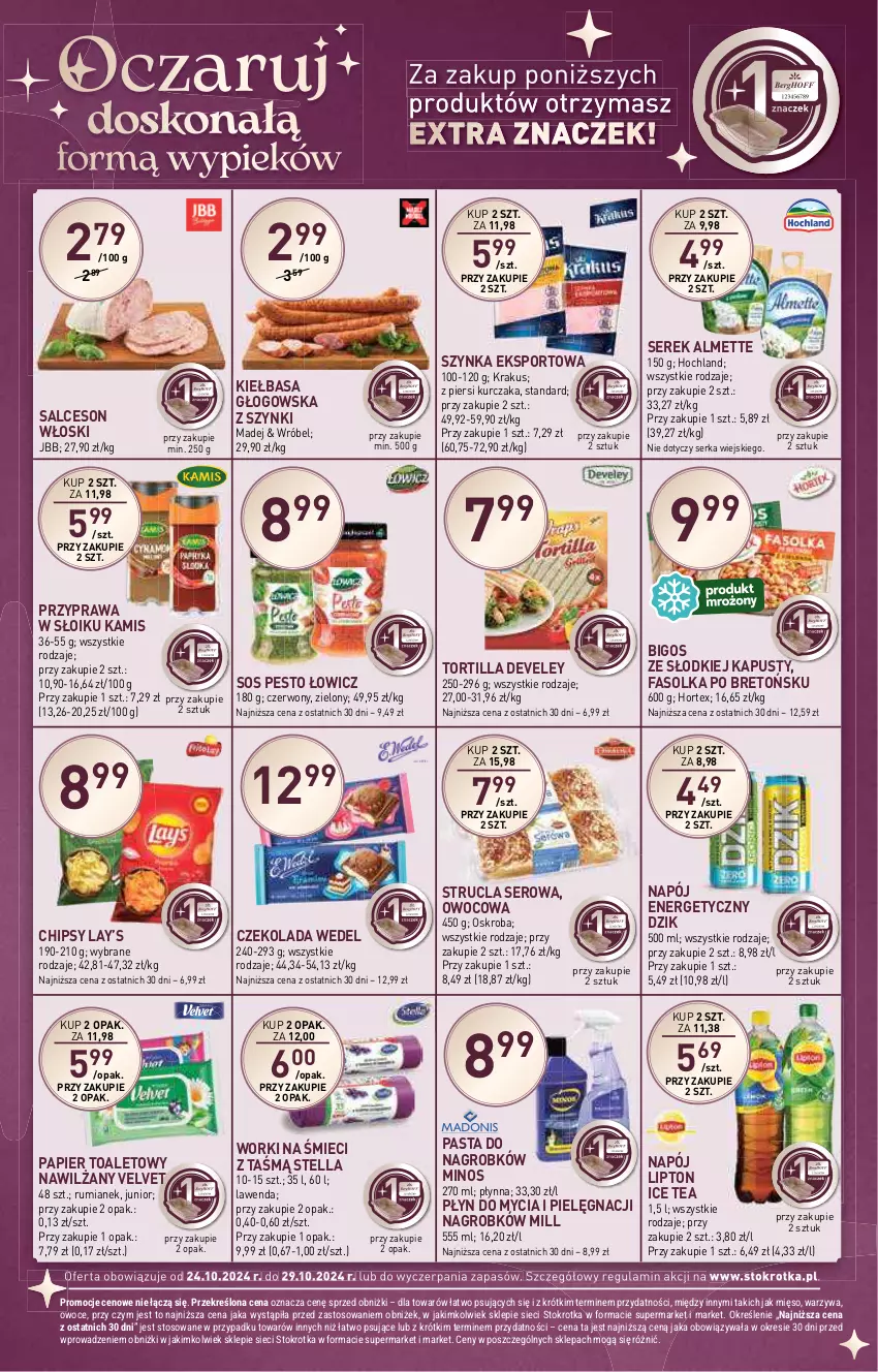 Gazetka promocyjna Stokrotka - Supermarket Opole/Radom - ważna 24.10 do 29.10.2024 - strona 8 - produkty: Almette, Bigos, Chipsy, Czekolada, Fa, Hochland, Hortex, Ice tea, Kamis, Kiełbasa, Kiełbasa głogowska, Krakus, Kurczak, Lay’s, Lipton, Mięso, Napój, Napój energetyczny, Owoce, Papier, Papier toaletowy, Pesto, Płyn do mycia, Por, Rum, Salceson, Ser, Serek, Sos, Sport, Strucla, Szynka, Tortilla, Velvet, Warzywa, Worki na śmiec, Worki na śmieci