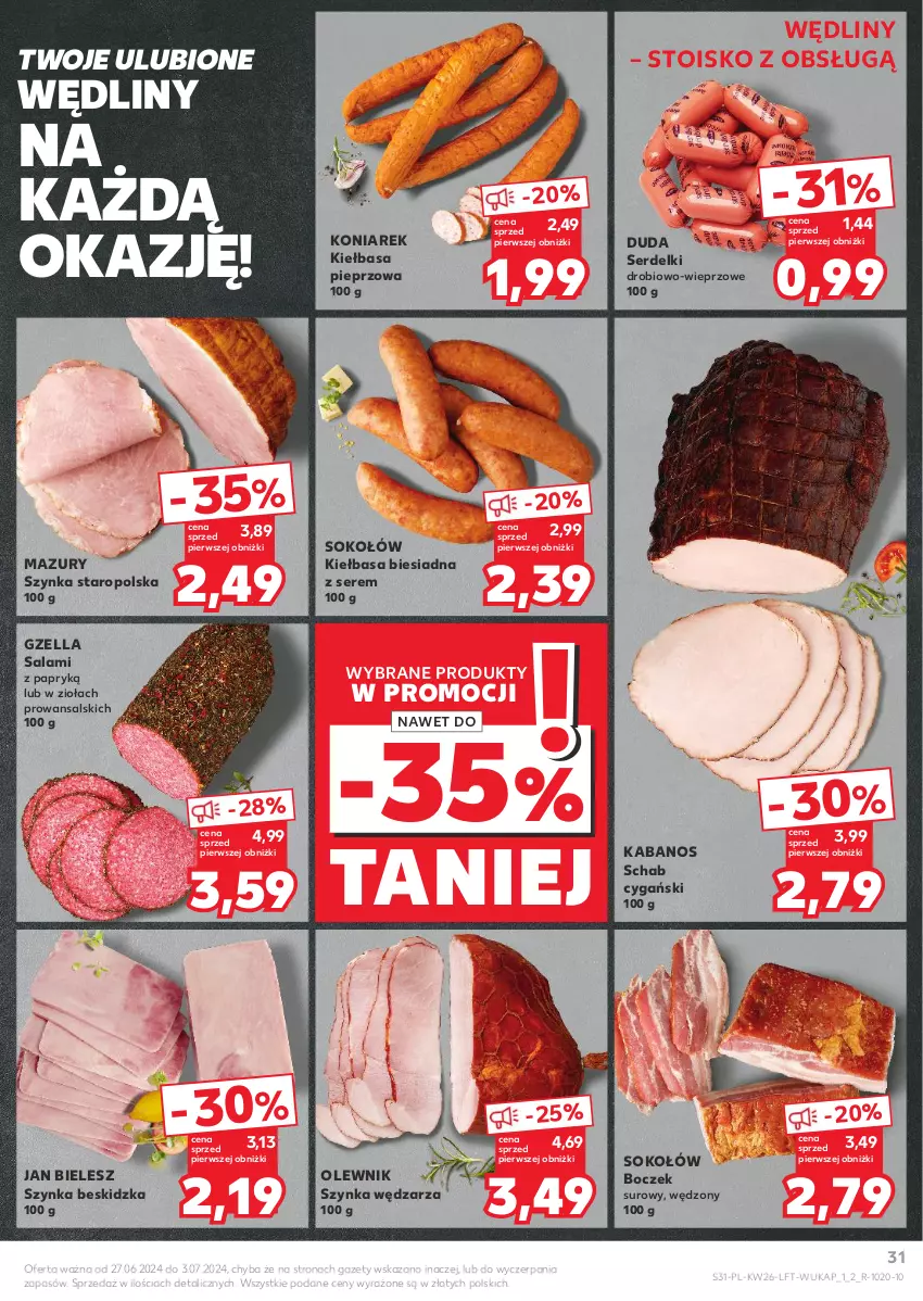 Gazetka promocyjna Kaufland - Gazetka tygodnia - ważna 27.06 do 03.07.2024 - strona 31 - produkty: Boczek, Duda, Kabanos, Kiełbasa, Kiełbasa biesiadna, Olewnik, Pieprz, Salami, Ser, Serdelki, Sok, Sokołów, Szynka