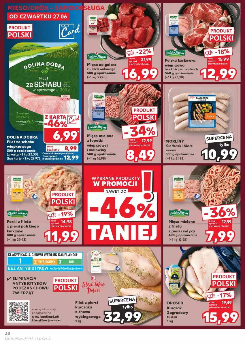 Gazetka promocyjna Kaufland - Gazetka tygodnia - ważna 27.06 do 03.07.2024 - strona 38 - produkty: Drób, Filet z piersi kurczaka, Karkówka wieprzowa, Kiełbaski białe, Kurczak, Mięso, Mięso mielone, Mięso mielone z łopatki wieprzowej, Mięso na gulasz, Morliny, Tusz