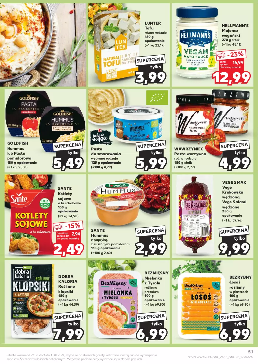 Gazetka promocyjna Kaufland - Gazetka tygodnia - ważna 27.06 do 03.07.2024 - strona 51 - produkty: Hellmann’s, Hummus, Klopsiki, Kotlet, Majonez, Mus, Pasta warzywna, Salami, Sante, Tofu