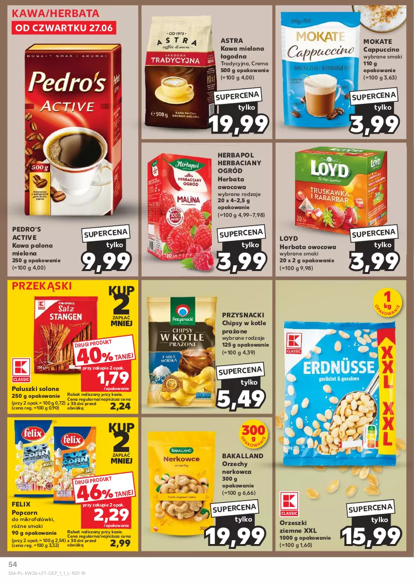 Gazetka promocyjna Kaufland - Gazetka tygodnia - ważna 27.06 do 03.07.2024 - strona 54 - produkty: Bakalland, Cappuccino, Chipsy, Fa, Felix, Herbapol, Herbata, Herbata owocowa, Kawa, Kawa mielona, Loyd, Ogród, Orzeszki, Orzeszki ziemne, Popcorn, Przysnacki