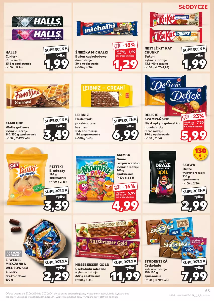 Gazetka promocyjna Kaufland - Gazetka tygodnia - ważna 27.06 do 03.07.2024 - strona 55 - produkty: Baton, Biszkopty, Cukier, Cukierki, Cukierki czekoladowe, Czekolada, Czekolada mleczna, Delicje, E. Wedel, Fa, Gala, Guma rozpuszczalna, Halls, Herbatniki, Kawa, Kit Kat, Mamba, Michałki, Mieszanka wedlowska, Nestlé, Ser, Wafle