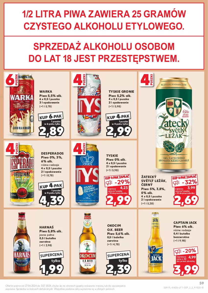 Gazetka promocyjna Kaufland - Gazetka tygodnia - ważna 27.06 do 03.07.2024 - strona 59 - produkty: Captain Jack, Desperados, Gra, Harnaś, Koc, Okocim, Piwa, Piwo, Tyskie, Warka