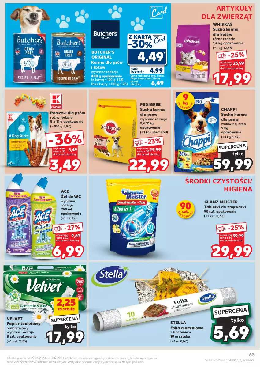 Gazetka promocyjna Kaufland - Gazetka tygodnia - ważna 27.06 do 03.07.2024 - strona 63 - produkty: Chappi, Drób, Folia aluminiowa, Gin, Papier, Papier toaletowy, Pedigree, Sucha karma, Tablet, Tabletki do zmywarki, Velvet, Whiskas, Wołowina, Zmywarki