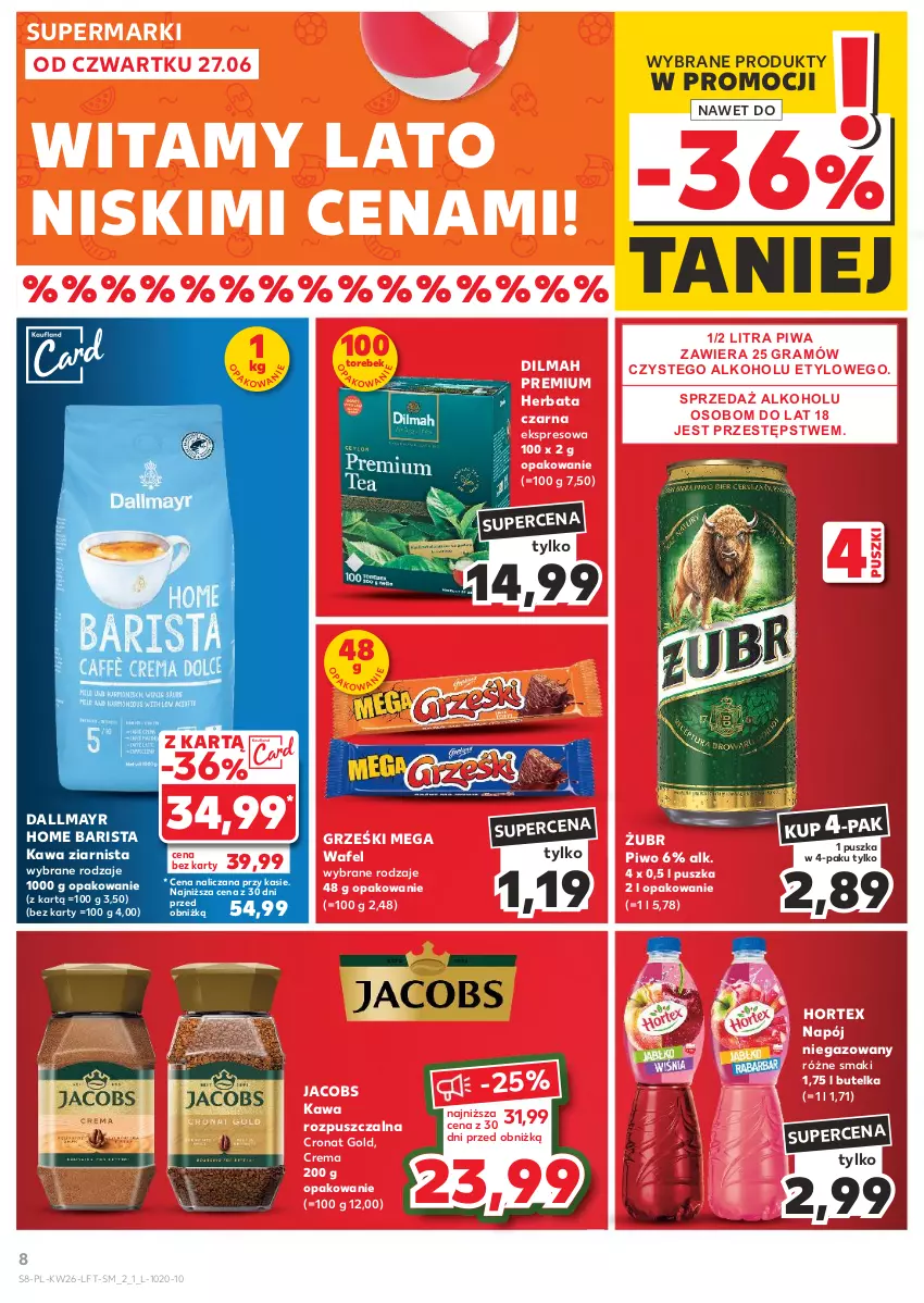 Gazetka promocyjna Kaufland - Gazetka tygodnia - ważna 27.06 do 03.07.2024 - strona 8 - produkty: Dallmayr, Dilmah, Gra, Grześki, Herbata, Herbata czarna, Hortex, Jacobs, Kawa, Kawa rozpuszczalna, Kawa ziarnista, Napój, Napój niegazowany, Piwa, Piwo