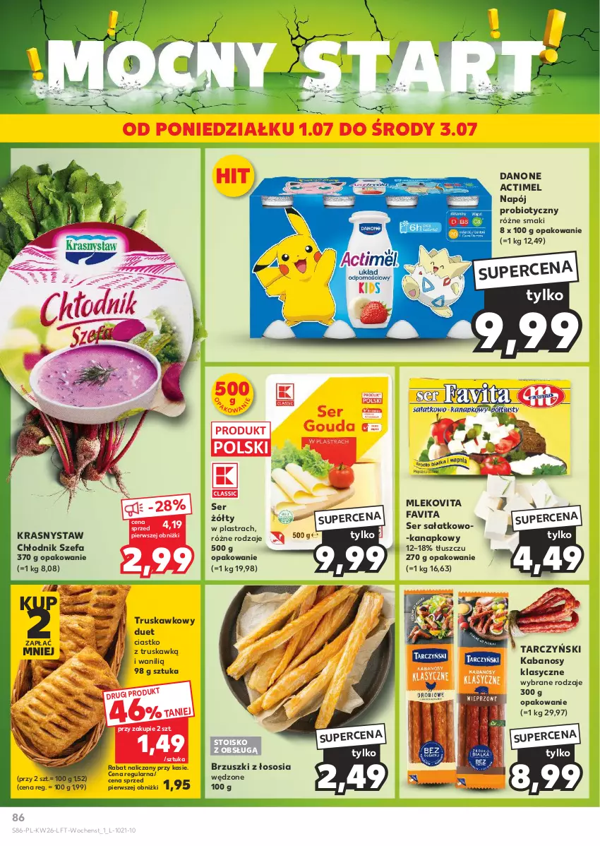 Gazetka promocyjna Kaufland - Gazetka tygodnia - ważna 27.06 do 03.07.2024 - strona 86 - produkty: Actimel, Brzuszki z łososia, Danone, Fa, Favita, Kabanos, Mleko, Mlekovita, Napój, Sałat, Ser, Ser sałatkowo-kanapkowy, Sos, Tarczyński