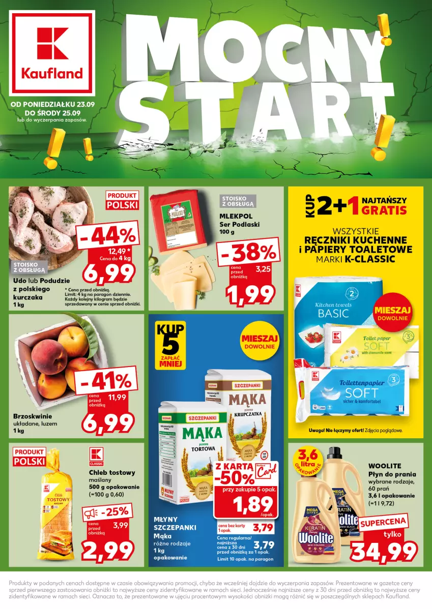 Gazetka promocyjna Kaufland - Kaufland - ważna 23.09 do 25.09.2024 - strona 1 - produkty: Brzoskwinie, Chleb, Chleb tostowy, Gra, Kurczak, Mąka, Olej, Papier, Płyn do prania, Podlaski, Ręcznik, Ser, Woolite