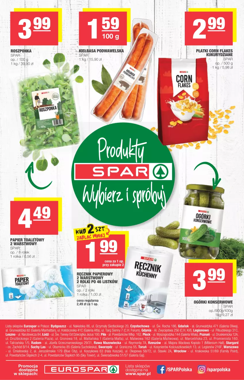 Gazetka promocyjna Spar - Spar - ważna 04.08 do 10.08.2021 - strona 8 - produkty: Corn flakes, Kiełbasa, Kiełbasa podwawelska, Ogórki konserwowe, Papier, Papier toaletowy, Rolki, Roszponka, Ser, Wawel