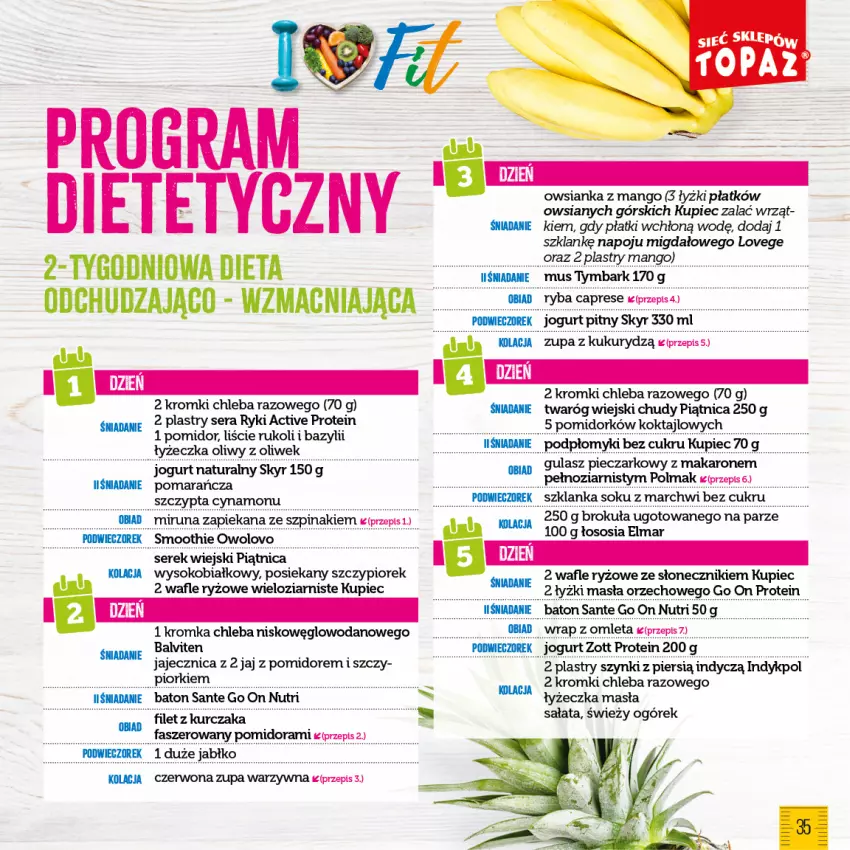 Gazetka promocyjna Topaz - Gazetka - ważna 25.01 do 18.02.2024 - strona 35 - produkty: Baton, Chleb, Jogurt, Jogurt pitny, Kupiec, Makaron, Miruna, Ogórek, Olma, Piątnica, Piec, Ryż, Sałat, Sante, Ser, Serek, Serek wiejski, Smoothie, Sok, Sos, Szklanka, Szpinak, Twaróg, Wafle, Woda, Zupa