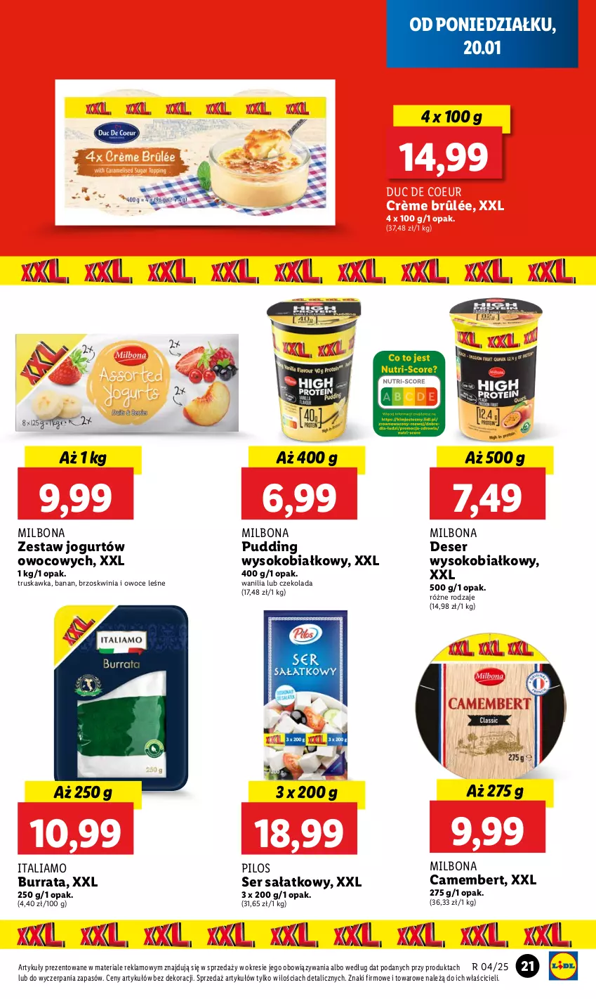 Gazetka promocyjna Lidl - GAZETKA - ważna 20.01 do 22.01.2025 - strona 25 - produkty: Burrata, Camembert, Crème brûlée, Czekolada, Deser, Jogurt, Owoce, Pilos, Pudding, Sałat, Ser, Sok