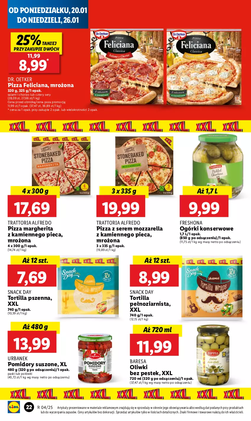 Gazetka promocyjna Lidl - GAZETKA - ważna 20.01 do 22.01.2025 - strona 26 - produkty: Dr. Oetker, Feliciana, Mozzarella, Ogórki konserwowe, Oliwki, Piec, Pizza, Pizza margherita, Pomidory, Salami, Ser, Stek, Tortilla