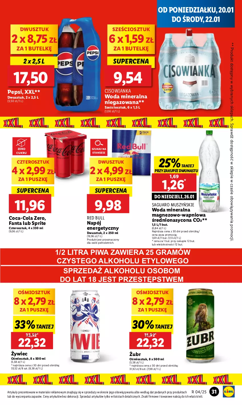 Gazetka promocyjna Lidl - GAZETKA - ważna 20.01 do 22.01.2025 - strona 35 - produkty: Cisowianka, Coca-Cola, Fa, Fanta, Gra, Magnez, Mus, Napój, Napój energetyczny, Pepsi, Piwa, Red Bull, Sprite, Woda, Woda mineralna