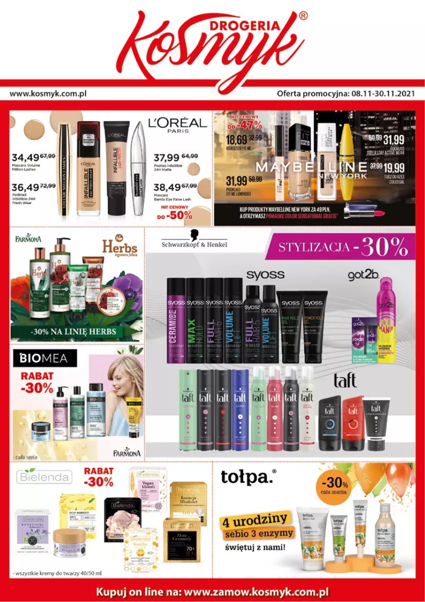 Gazetka promocyjna Kosmyk - Gazetka - ważna 08.10 do 30.11.2021 - strona 1 - produkty: Bell, Fa, Maybelline, Sati, Schwarzkopf, Ser, Syoss