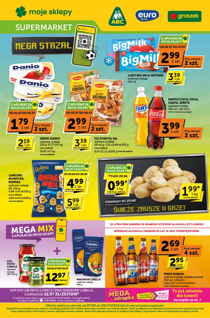 Gazetka promocyjna ABC - ważna 27.06 do 09.07.2024 - strona 1 - produkty: Bell, Bella, Big Milk, Chrupki, Coca-Cola, Danio, Fa, Fanta, Gra, Groszek, LG, Lody, Lubella, Makaron, Miecz, Napój, Pesto, Piwa, Piwo, Ser, Serek, Sos, Sprite, Warka, Ziemniaki