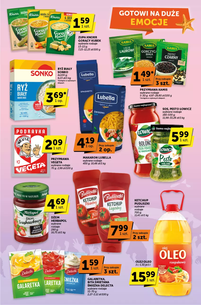 Gazetka promocyjna ABC - ważna 27.06 do 09.07.2024 - strona 5 - produkty: Bell, Bella, Delecta, Herbapol, Kamis, Ketchup, Knorr, Kubek, Lubella, Makaron, Olej, Oleo, Pesto, Pudliszki, Ryż, Ryż biały, Sonko, Sos, Vegeta, Zupa