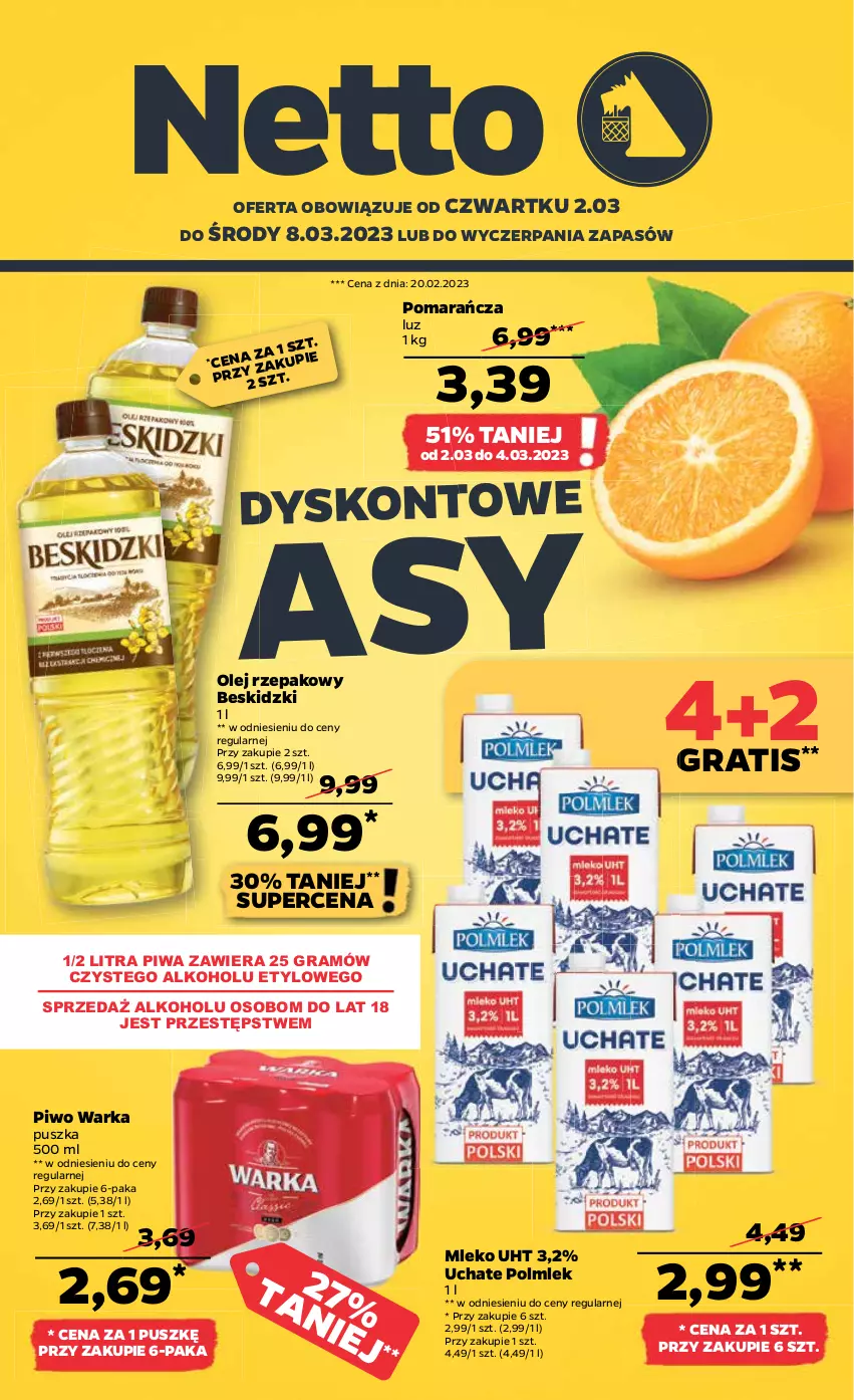 Gazetka promocyjna Netto - Artykuły spożywcze - ważna 02.03 do 08.03.2023 - strona 1 - produkty: Beskidzki, Gra, Mleko, Olej, Olej rzepakowy, Piwa, Piwo, POLMLEK, Warka