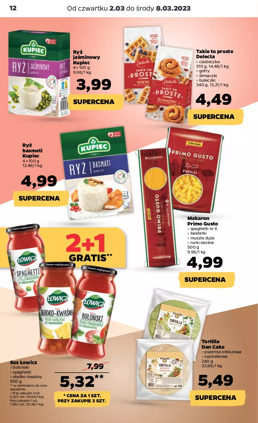 Gazetka promocyjna Netto - Artykuły spożywcze - ważna 02.03 do 08.03.2023 - strona 12 - produkty: Bułeczki, Dan Cake, Delecta, Gofry, Gra, Kupiec, Makaron, Mus, Piec, Rurki, Ryż, Ryż basmati, Sos, Spaghetti, Szpinak, Tortilla