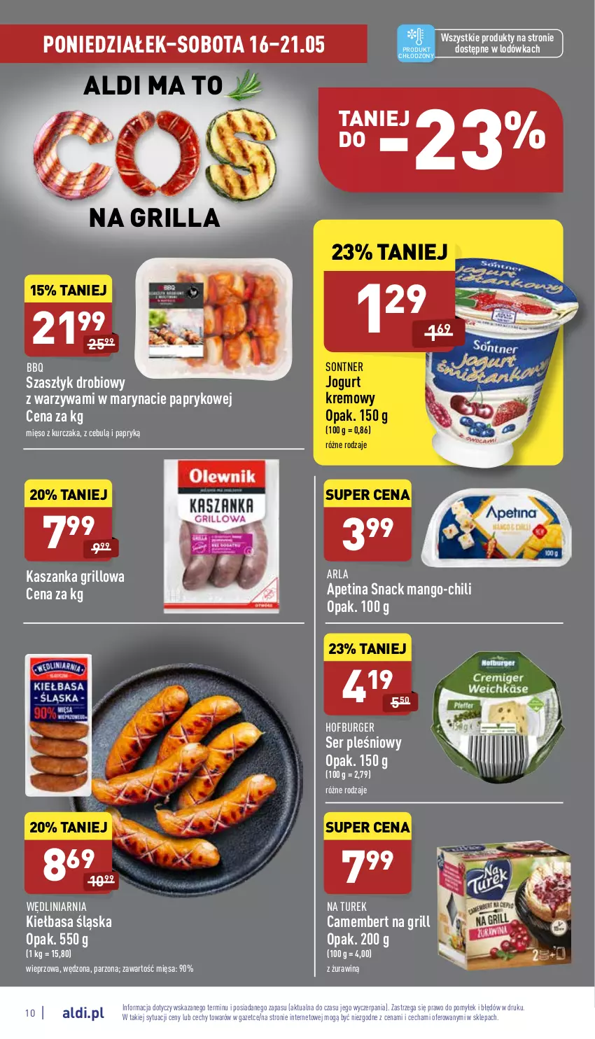 Gazetka promocyjna Aldi - Katalog spożywczy - ważna 16.05 do 21.05.2022 - strona 10 - produkty: Burger, Camembert, Grill, Hofburger, Jogurt, Kasza, Kaszanka, Kiełbasa, Kiełbasa śląska, Kurczak, Lodówka, Mango, Mięso, Ser, Ser pleśniowy, Warzywa