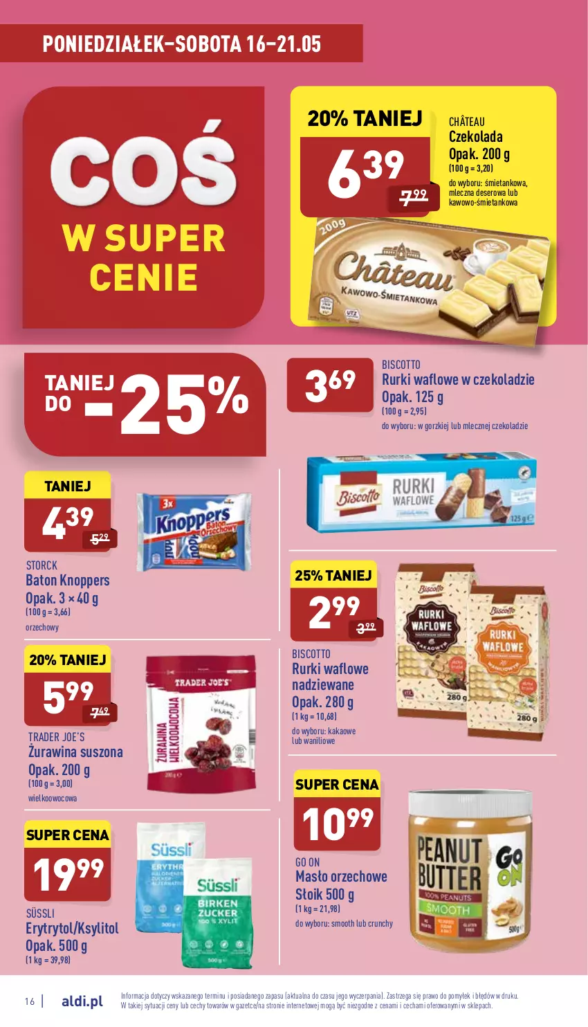 Gazetka promocyjna Aldi - Katalog spożywczy - ważna 16.05 do 21.05.2022 - strona 16 - produkty: Baton, Czekolada, Deser, Kakao, Knoppers, Ksylitol, Masło, Masło orzechowe, Rurki, Ser