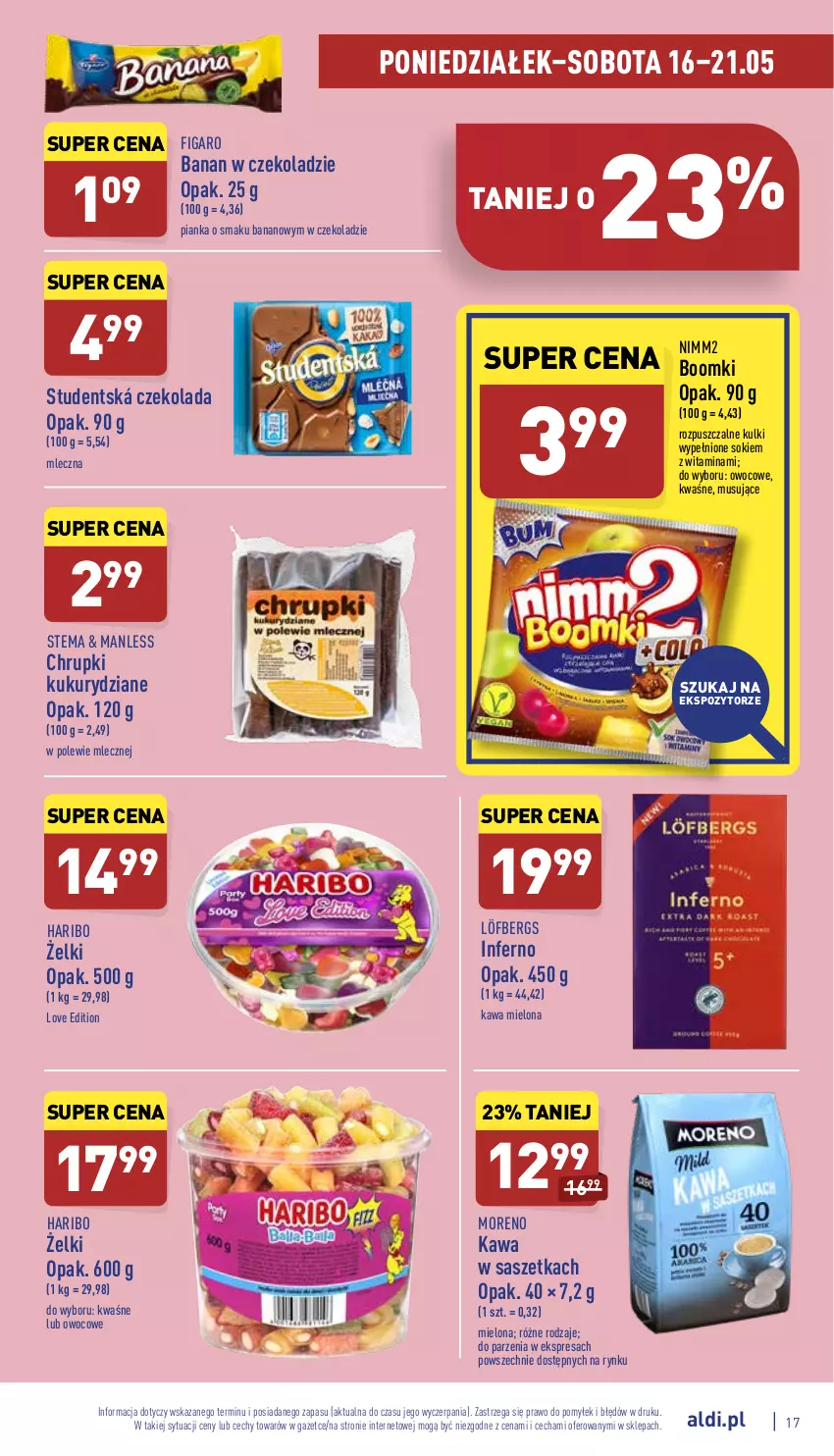 Gazetka promocyjna Aldi - Katalog spożywczy - ważna 16.05 do 21.05.2022 - strona 17 - produkty: Chrupki, Czekolada, Haribo, Kawa, Kawa mielona, Mus, Nimm2, Sok