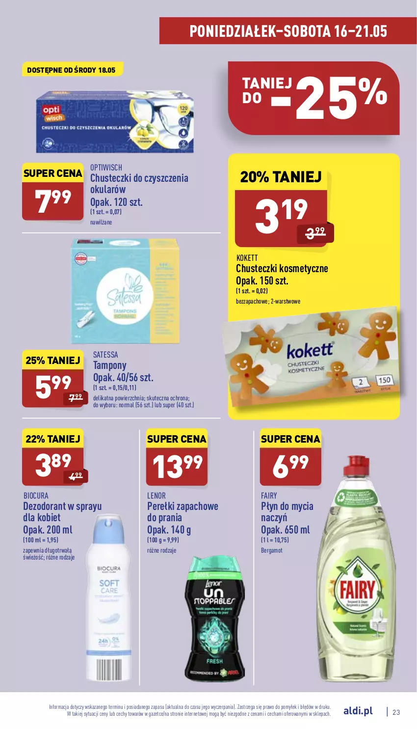 Gazetka promocyjna Aldi - Katalog spożywczy - ważna 16.05 do 21.05.2022 - strona 23 - produkty: Chusteczki, Chusteczki do czyszczenia, Chusteczki kosmetyczne, Dezodorant, Do mycia naczyń, Fa, Fairy, Lenor, Perełki zapachowe, Płyn do mycia, Płyn do mycia naczyń, Tampony