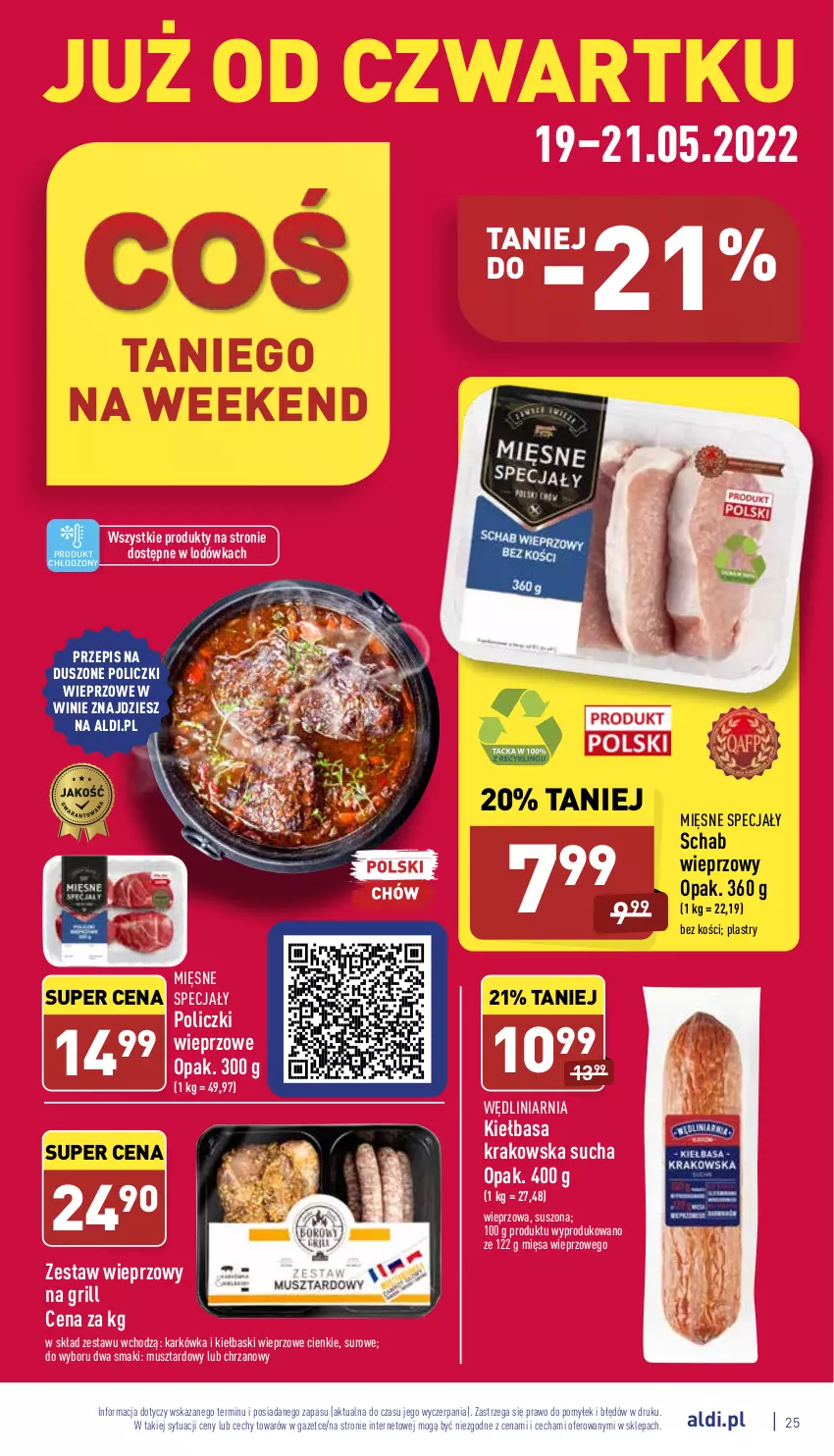 Gazetka promocyjna Aldi - Katalog spożywczy - ważna 16.05 do 21.05.2022 - strona 25 - produkty: Chrzan, Grill, Kiełbasa, Kiełbasa krakowska, Lodówka, Mięsne specjały, Mus, Schab wieprzowy