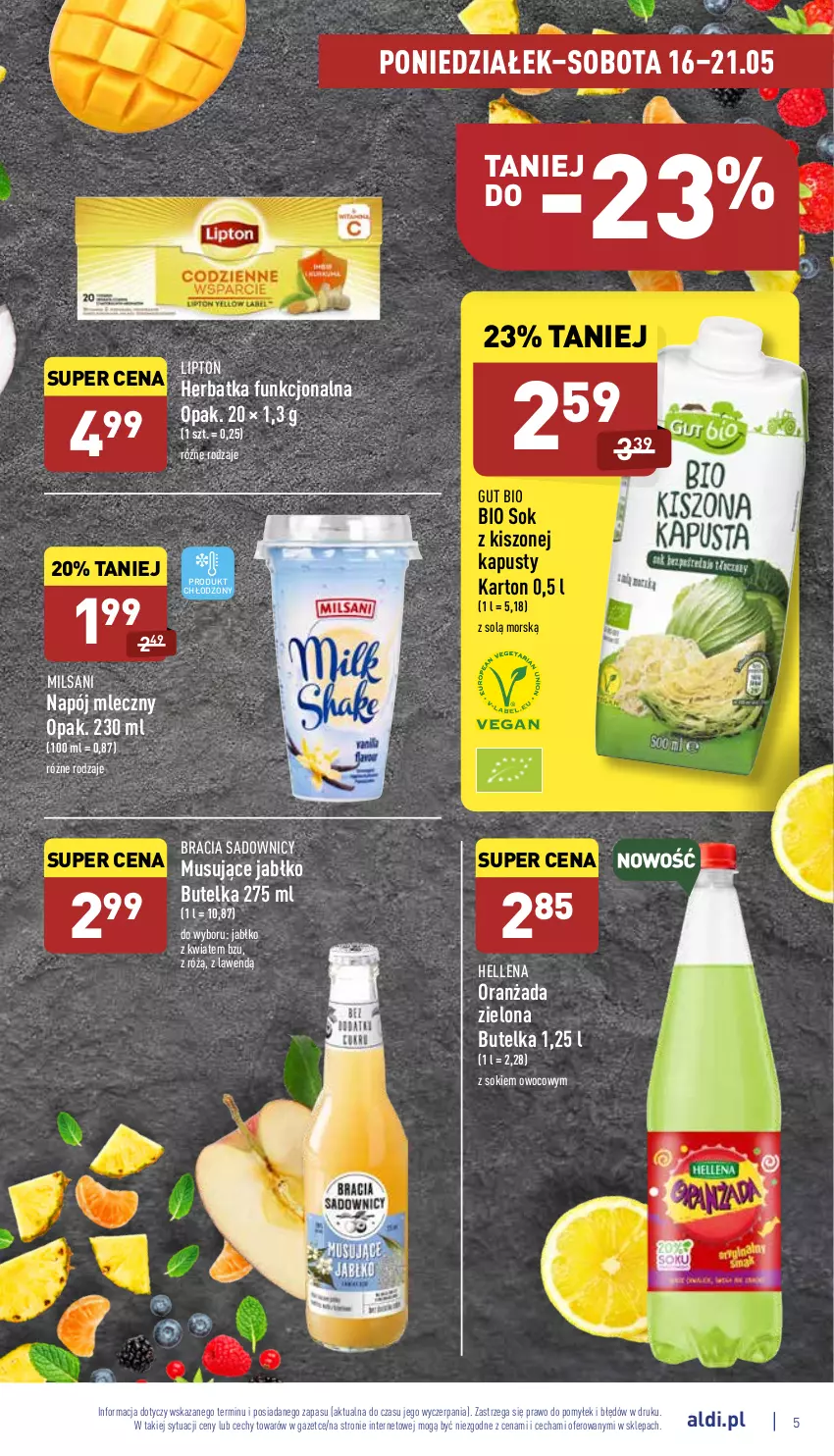 Gazetka promocyjna Aldi - Katalog spożywczy - ważna 16.05 do 21.05.2022 - strona 5 - produkty: Hellena, Lipton, Mus, Napój, Napój mleczny, Oranżada, Sok