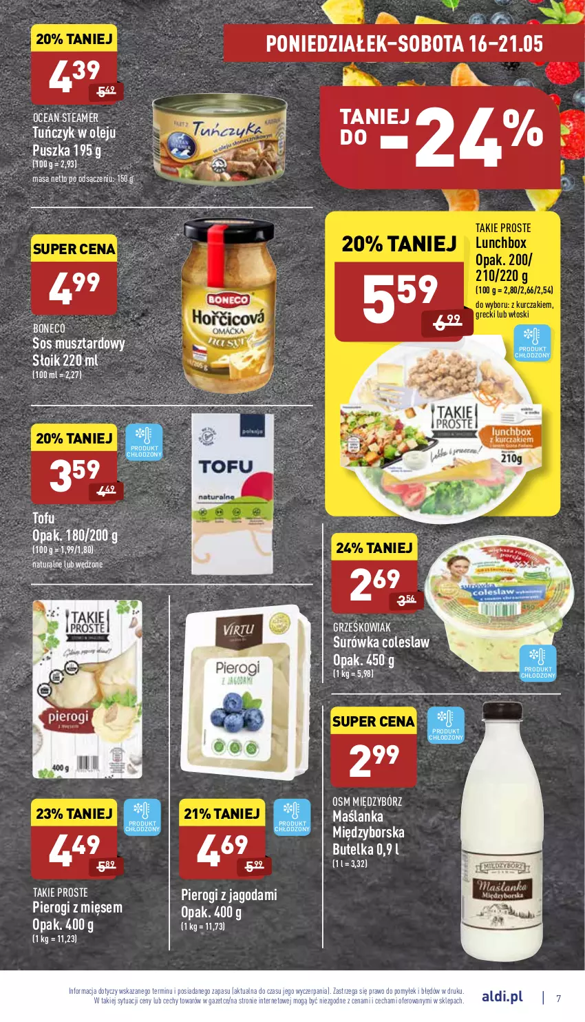 Gazetka promocyjna Aldi - Katalog spożywczy - ważna 16.05 do 21.05.2022 - strona 7 - produkty: Kurczak, Maślanka, Mus, Olej, Pierogi, Sos, Surówka, Surówka coleslaw, Tofu, Tuńczyk