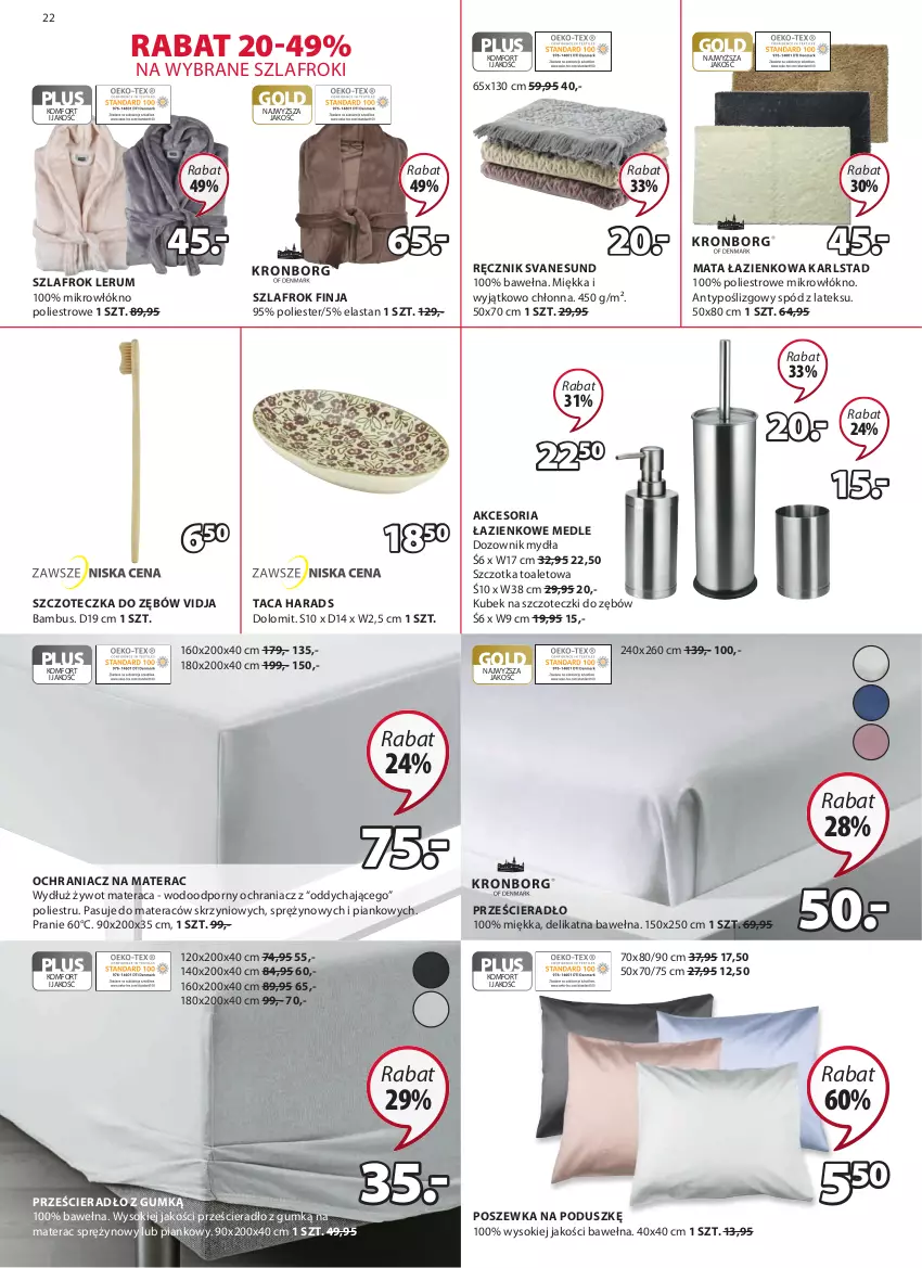 Gazetka promocyjna Jysk - Oferta tygodnia - ważna 22.06 do 05.07.2022 - strona 23 - produkty: Dozownik, Dozownik mydła, Kubek, Kubek na szczoteczki do zębów, Mata łazienkowa, Materac, Materac sprężynowy, Ochraniacz na materac, Por, Poszewka, Prześcieradło, Ręcznik, Rum, Sok, Szczoteczka, Szczoteczka do zębów, Szczotka, Szlafrok, Taca, Tera, Wełna