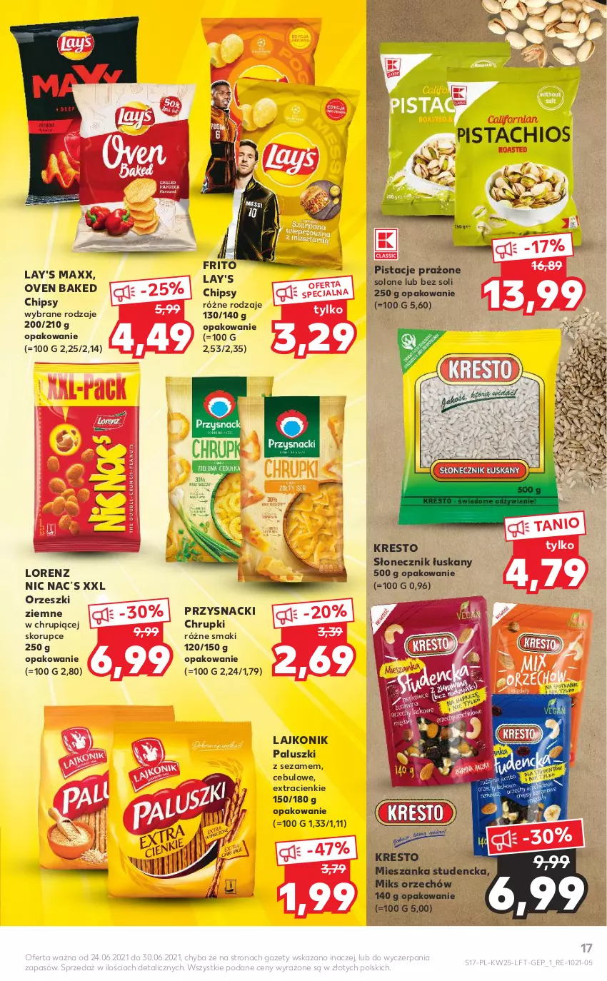 Gazetka promocyjna Kaufland - OFERTA TYGODNIA - ważna 24.06 do 30.06.2021 - strona 17 - produkty: Chipsy, Chrupki, Lajkonik, Lorenz, Mieszanka studencka, Orzeszki, Orzeszki ziemne, Pistacje, Przysnacki, Sezam