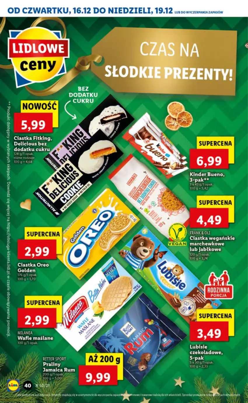 Gazetka promocyjna Lidl - GAZETKA OD 16.12 DO 19.12 - ważna 16.12 do 19.12.2021 - strona 40 - produkty: Ciastka, Kinder, Kinder Bueno, Lubisie, Oreo, Por, Praliny, Ritter Sport, Sport, Wafle