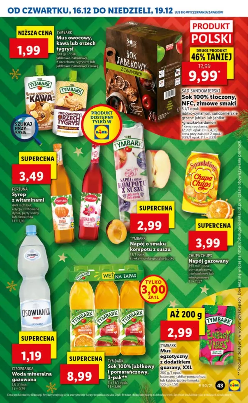 Gazetka promocyjna Lidl - GAZETKA OD 16.12 DO 19.12 - ważna 16.12 do 19.12.2021 - strona 43 - produkty: Chupa Chups, Cisowianka, Fa, Kawa, Sok, Tymbark, Woda, Woda mineralna