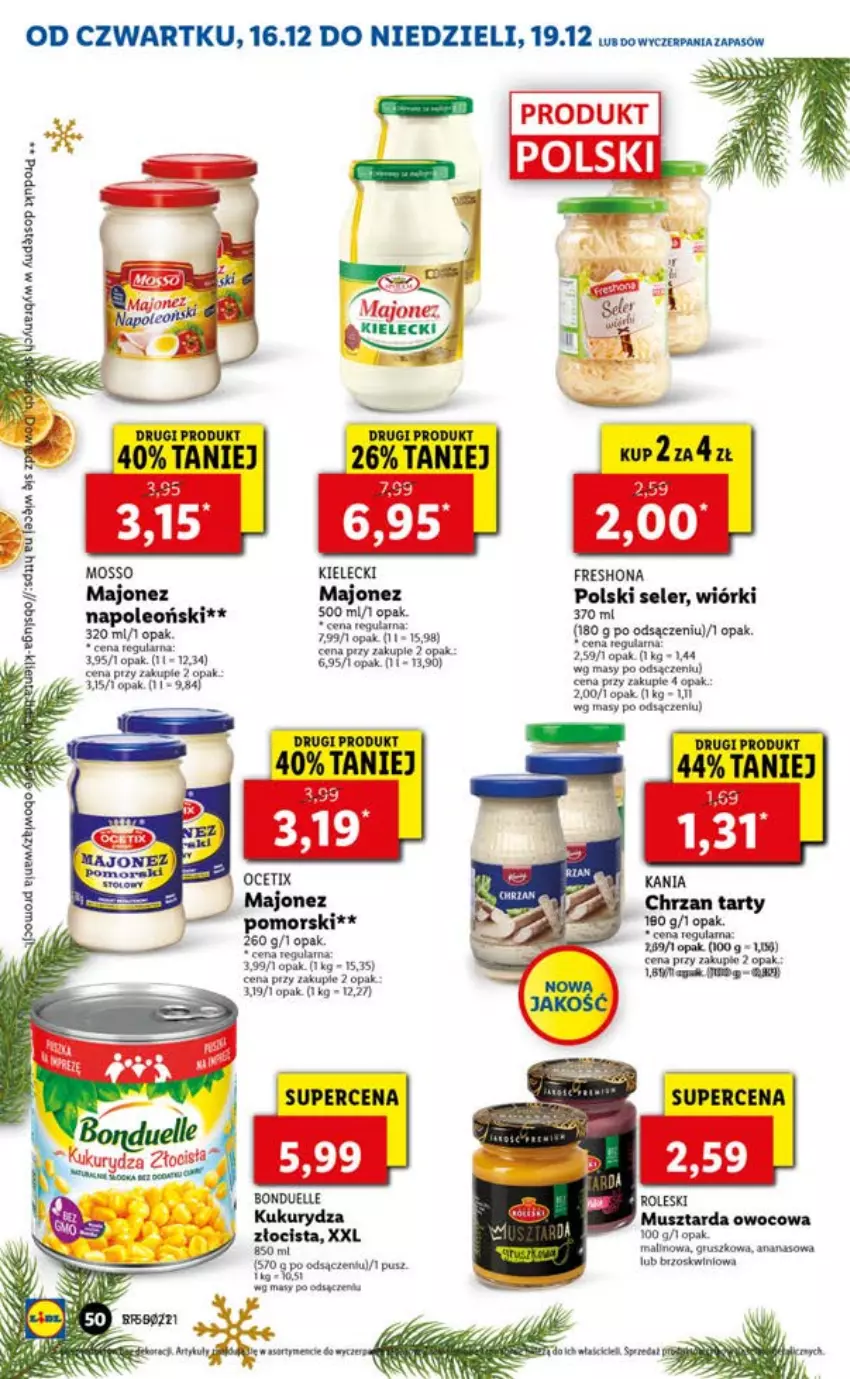 Gazetka promocyjna Lidl - GAZETKA OD 16.12 DO 19.12 - ważna 16.12 do 19.12.2021 - strona 50 - produkty: Bonduelle, Chrzan, Kukurydza, Majonez, Mus, Musztarda, Ocet, Oleo