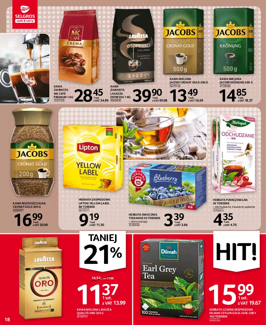 Gazetka promocyjna Selgros - Oferta spożywcza - ważna 28.10 do 09.11.2021 - strona 18 - produkty: Dilmah, Earl Grey, Herbata, Herbata czarna, Herbata owocowa, Jacobs, Jacobs Krönung, Kawa, Kawa mielona, Kawa rozpuszczalna, Kawa ziarnista, Lavazza, Lipton, Teekanne