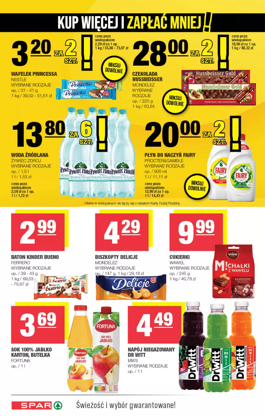 Gazetka promocyjna Spar - Spar - ważna 17.11 do 27.11.2024 - strona 6 - produkty: Baton, Biszkopty, Czekolada, Delicje, Fa, Fairy, Ferrero, Fortuna, Kinder, Kinder Bueno, LANA, Mus, Napój, Napój niegazowany, Princessa, Ser, Sok, Wafelek, Wawel, Woda